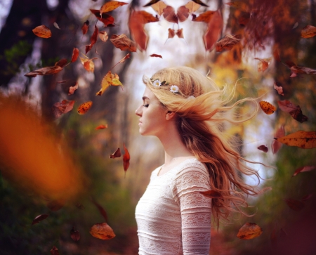 Autumn Girl - fall, girl, leaf, artist