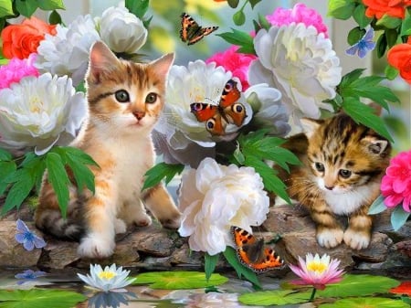 Flowers and kittens - flowers, cute, kittens, garden