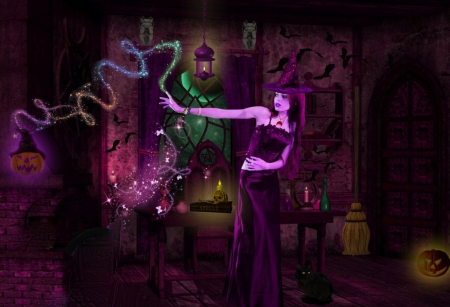 CASTING A SPELL - witch, pumpkins, cat, gothic, halloween, spells, female