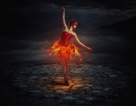 DANCING IN FLAMES - ballerina, red, fire, flames, female, hair, dress, dancing