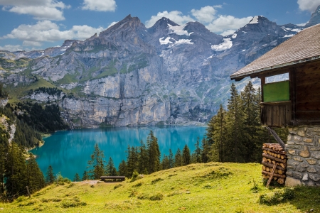 Hut Mountains - hut, sky, landscape, alpine, mountains, nature, forest, clouds, pond