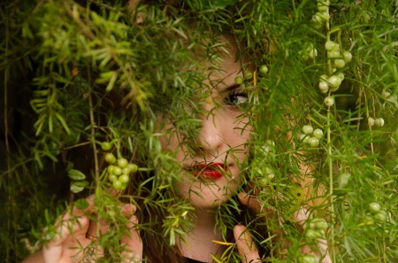 Redhead Between Branches - beauty, branches, redhead, girl, hidden, redlips, model, young, look