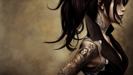 Anime Girl - dark, anime, hair, tattoo