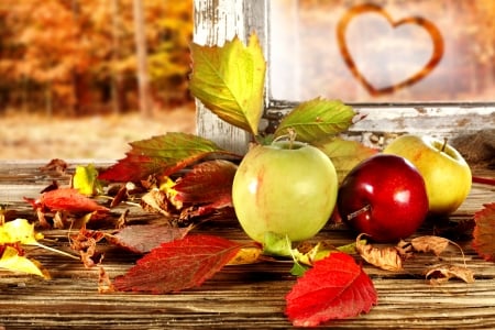 Fall background - autumn, fruits, colorful, still life, apples, foliage, fall, pretty, beautiful, leaves