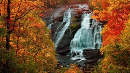 Rocks waterfall in autumn - branches, autumn, trees, cascades, waterfall, foliage, rocks, fall, beautiful