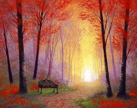 Magic of Autumn - attractions in dreams, autumn, trees, forests, parks, light, colorful, bench, nature, love four seasons, paintings, fall season