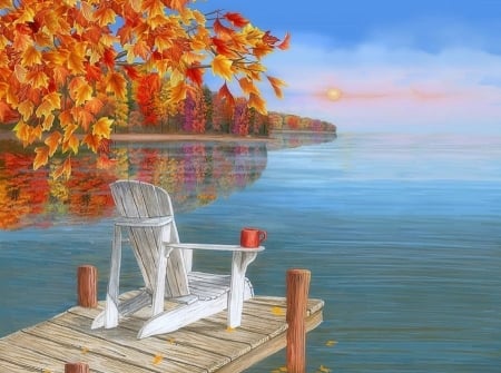 Autumn Lake - attractions in dreams, autumn, cup, lakes, nature, reflections, love four seasons, chair, dawn, leaves, paintings, colors, sunrise, fall season