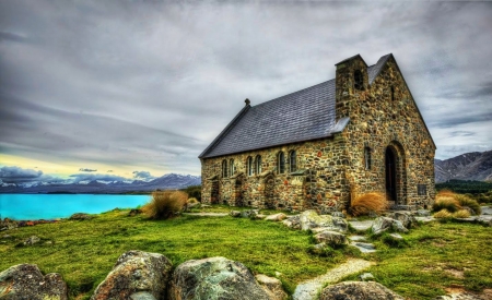 Church of the Good Shepherd, Lake Tekapo, New Zealand - clouds, old, hdr, landscape, stones, sky