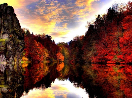 Red Yellow Reflection - autumn, lake, trees, mountain, colorful, nature, forest, reflection, clouds