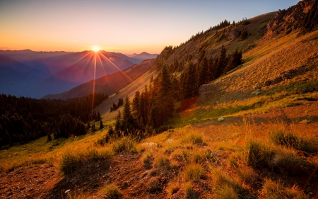 Mountain slope in autumn - rays, slope, sky, autumn, hillside, sunlight, mountain, landscape, glow, fall, beautiful