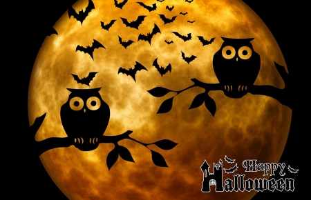 Happy Halloween! - black, halloween, owl, luna, fantasy, bat, moon, bufnita, luminos