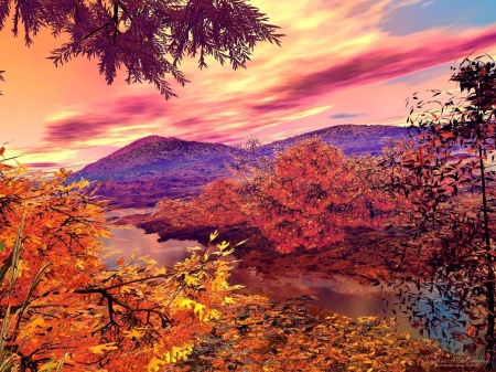 Autumn Background - sky, autumn, trees, background, landscape, mountains, nature, fall, forest, clouds, pond