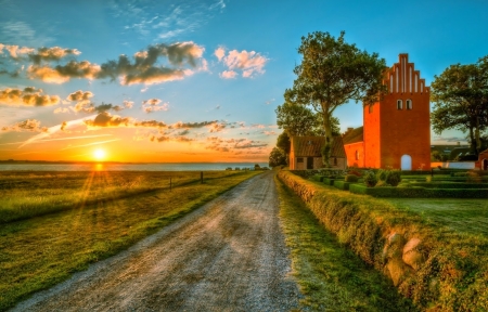 Road to Water by Gershoej Church, Denmark - clouds, coastline, hdr, sea, sun, sky