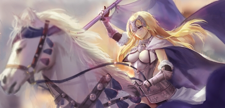 Dawn - pretty, anime, blond hair, long hair, blond, hd, nice, flag, anime girl, beautiful, girl, blonde hair, beauty, lovely, sweet, horse, knight, fate stay night