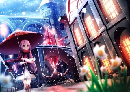 Rainy day - flower, rain, spring, anime, girl, umbrella, manga, daffodils, kagayan1096