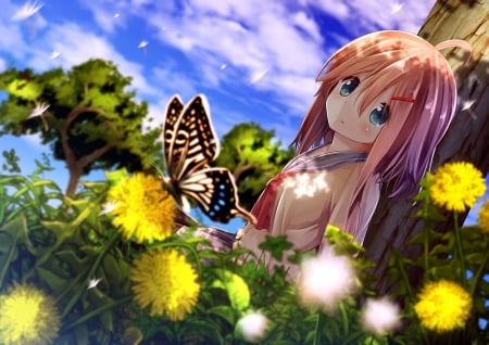 Summer - manga, anime, yellow, summer, girl, butterfly, flower, kagayan1096