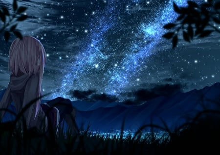 Starry night - manga, anime, girl, night, stars, kagayan1096, dark, sky