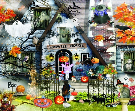 Boooo ! - witch, fall, house, pumpkins, artwork, halloween, colors, ghosts