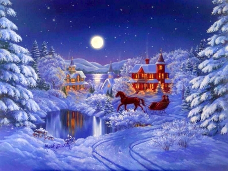 Sleighbells of Winter - winter, attractions in dreams, paintings, snow, holidays, xmas and new year, moons, churches, sleighbells, white trees, Christmas, love four seasons, houses