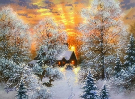 Winter Retreat - attractions in dreams, xmas and new year, sky, winter, deer, cottages, christmas, nature, love four seasons, holidays, clouds, snow, paintings, sunrise