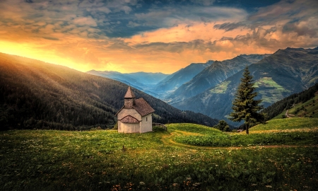 Little Church in the Mountains - nature, meadow, mountain, grass