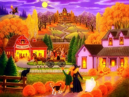 October - moon, pumpkins, village, witch, colorful, holiday, autumn, painting, halloween, dance, october, houses, art