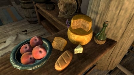 Skyrim Ambiente XI - Tavern, Bred, The Elder Scrolls V, Cheese, Console Game, Computer Game, The Elder Scrolls, Tamriel, Video Game, Game, Fantasy, Console, Fantasy Game, Inside, Wine, Desk, Elder Scrolls, Screenshot, Skyrim, Apples