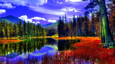 Autumn Lake In The Mountains - clouds, trees, Autumn, water, Fall, forest, pines, lake, mountains, sky