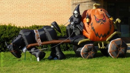 Look Who's Skulking Around MY Neighborhood! - lanterns, bricks, pumpkin, jackolantern, grass, grim reaper, shrubs, ha11oween, cart, shrubbery, horse, skeleton, halloween, jack o lantern, trick or treat, skull, black horse, pumpkins, orange