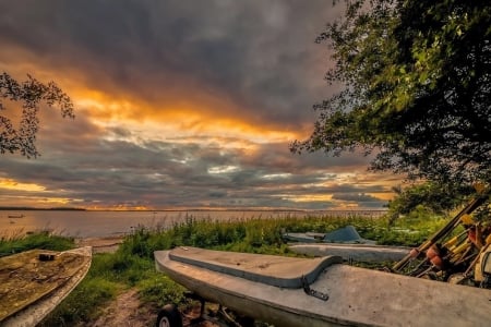 Armageddon Sunset, Veddelev, Denmark - sky, clouds, boat, sea, colors