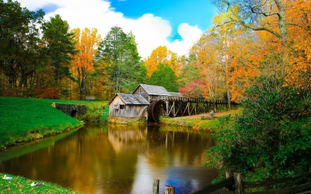 Autumn at the Mill - reflection, trees, river, water, watermill, colors