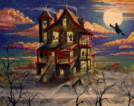 Halloween Home - clouds, moon, ghost, broom, artwork, windows, pumpkin, witch, sky