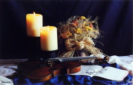 Harmony - autumn, candles, violin, book, still life, decoration