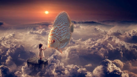 Dream - cloud, creative, sky, fantasy, fish, dream, luminos, girl