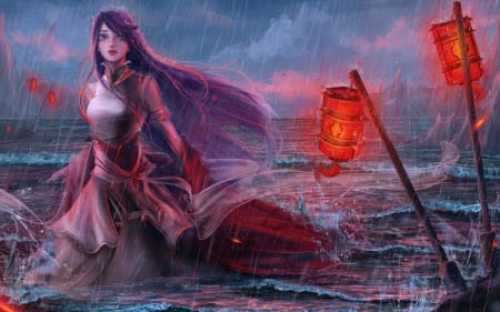 Water spirit - fantasy, water, spirit, red, girl, sea, lantern, luminos