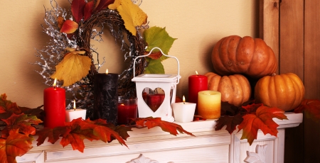 Autumn Decor - autumn, flames, candles, heart, wreath, gourds, pumpkins, fall, lantern, decorations, leaves