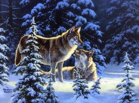 Winter Romance - winter, attractions in dreams, paintings, snow, pair, xmas and new year, wolves, forests, nature, Winter Romance, white trees, love four seasons, animals