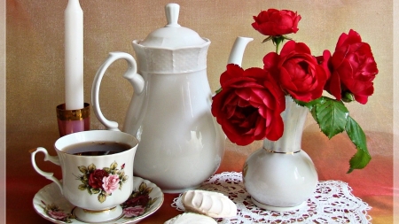 Still Life - vase, roses, lace, tea, still life, life, jug, drink, harmony, flowers