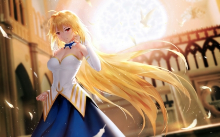 True progenitor - beauty, female, hot, blond, anime girl, elegant, blond hair, gorgeous, yellow, blonde hair, anime, maiden, sexy, girl, hd, blue, beautiful, dress, blonde