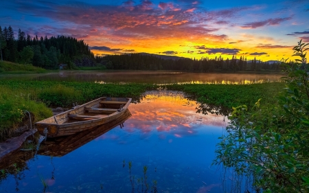 Sunset over River - sky, landscape, clouds, colors, boat