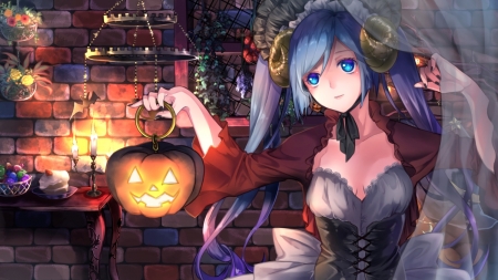 Halloween Miku - hatsune, miku, cute, halloween, orginal, witcg, pumpkin, long hair, devil