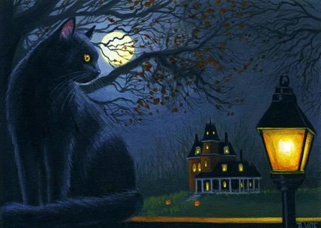 Halloween Moon - painting, lantern, cat, artwork, tree, house, black