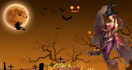 Halloweenies - witch, pumpkins, moon, bats, cemetery, artwork