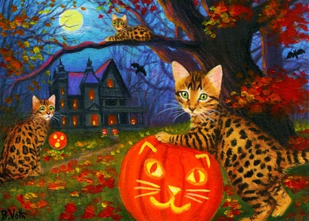 Spots at the Haunted House - pumpkins, moon, autumn, cats, lights