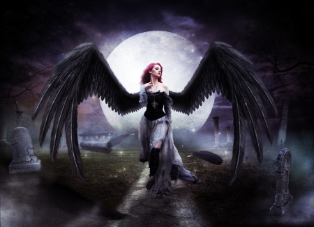 MIDNIGHT GUARDIAN - MOON, CEMETERY, WINGS, GOTHIC, FEMALE, NIGHT, ANGEL