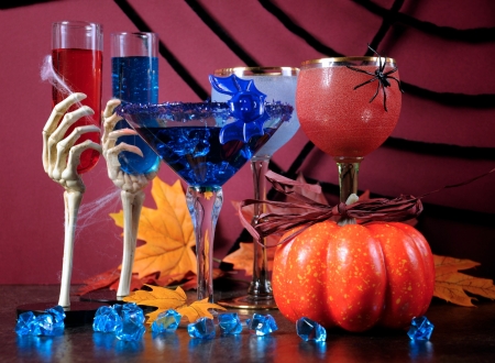 Happy Halloween~Cheers - spider, drinks, bat, gourd, pumpkin, still life, leaves, web, glasses, spider web, cocktails, bones