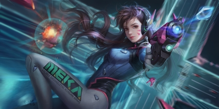 D. Va - gun, girl, skinti, frumusete, fantasy, overwatch, game, luminos, d va