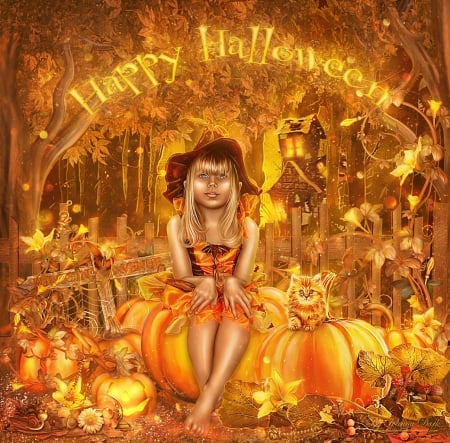 Little witch - girl, pumpkin, copil, orange, child, cat, fantasy, pisica, halloween, luminos