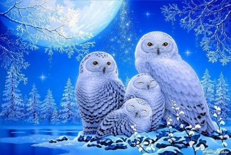 My Little Angels - blue and white, owls, winter, paintings, snow, xmas and new year, family, moons, white trees, love four seasons, animals