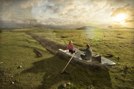 Dream - people, couple, situation, green, dream, field, boat